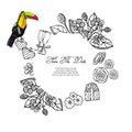 Sketch illustration - card with a frame of drawings of flowers, gift, rings, glasses, hearts. Toucan Tropical Bird